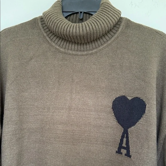 Ami Alexandre Mattiussi Green Turtleneck Sweater with Heart Detail